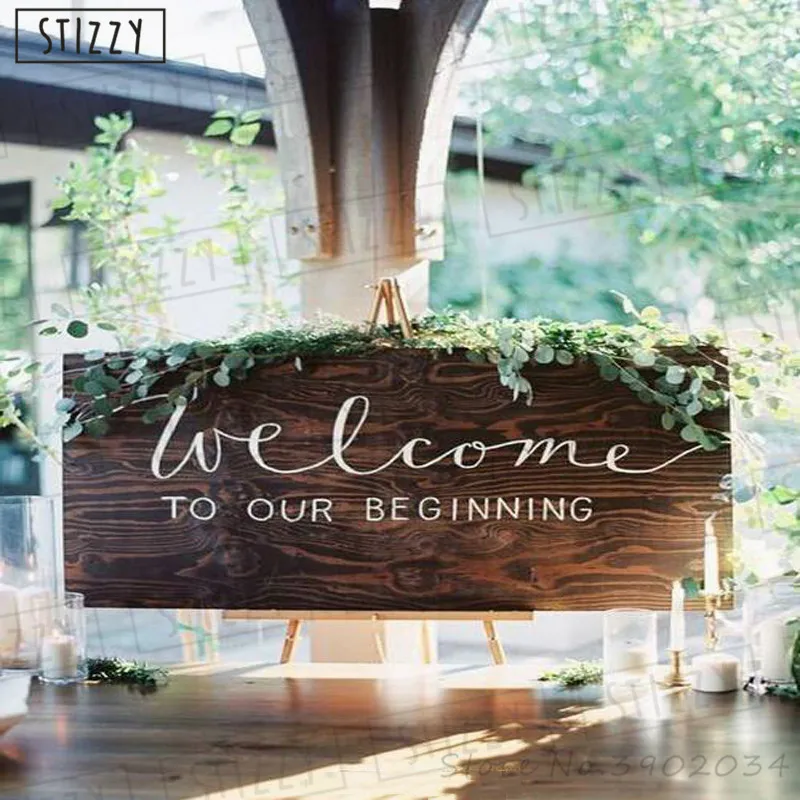 STIZZY Wall Decal Wedding Quote Welcome To Our Beginning Sticker Modern Wood Board Decor Removable Wallpaper Party DIY A918 | Дом и сад