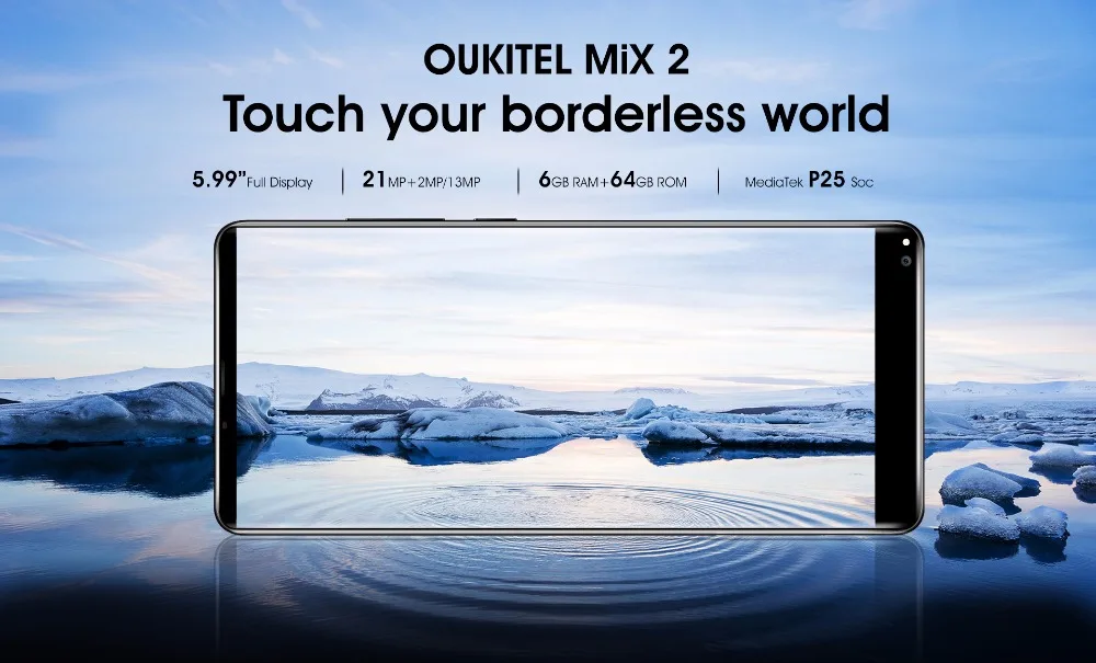 Смартфон Oukitel MIX 2 5,9" с 18:9 экраном 4G, Восьмиядерный процессор HelioP25, 6 ГБ+ 64 ГБ, 21 Мп+ 13 МП камера, 9 В/2 А, быстрое зарядное устройство, 4080 мАч, мобильный телефон