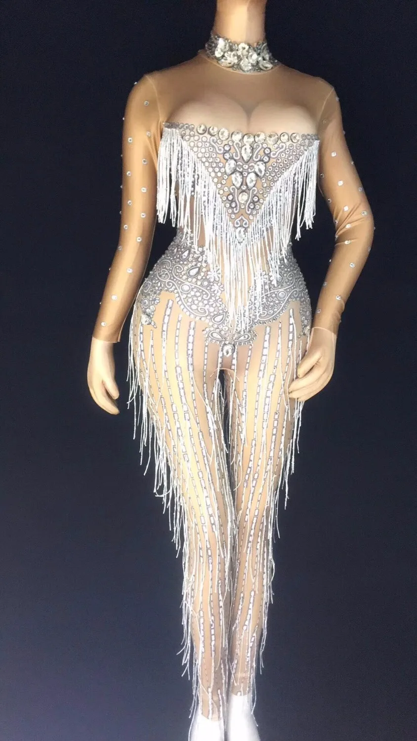 Glisten Silver Rhinestones Jumpsuit Sexy Tassels Big Stones Stretch Bodysuit Nightclub Singer Dance Party Outfit Women's Clothes