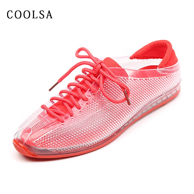 

Summer Women Hollow Sandals Flat Transparent PVC Sneakers Slippers Lace-Up Casual Garden Shoes Female Fashion Jelly Hole Shoes