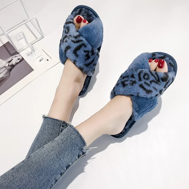 

Leopard Women Slippers Winter Furry Slides Fluffy Slippers Fur Warm Soft Flat Shoes Funny Home Indoor Shoes schoenen vrouw