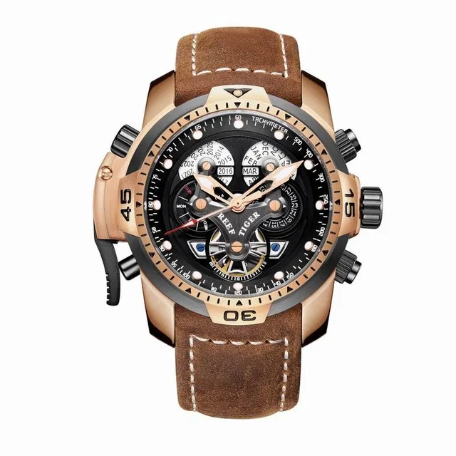 Роскошные Брендовые спортивные часы Reef Tiger с турбийоном, с календарем, датой, водонепроницаемые, 100 м, кожаные механические мужские часы, мужские часы - Цвет: brown gold black