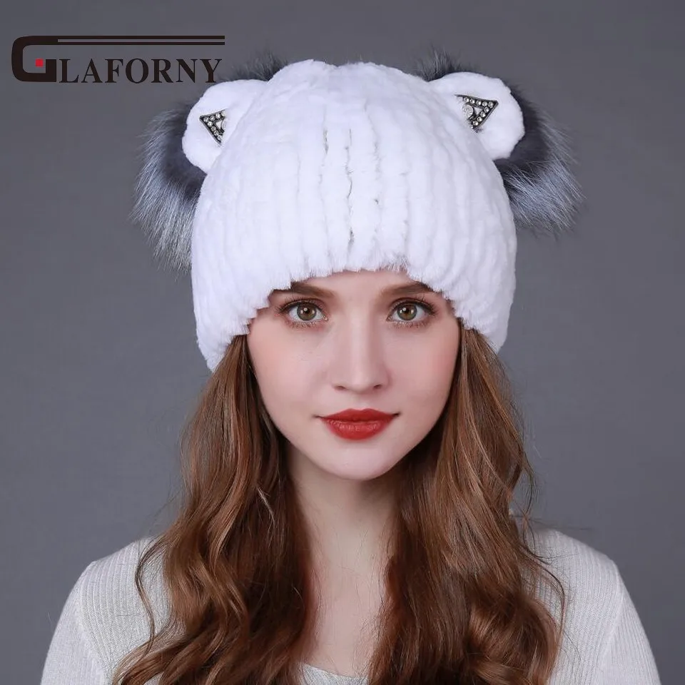 

2017 Winter Women's Fur Hat Genuine Rex Rabbit Fur Cap with Silve Fox Lovely Cat Ears Hats New Fashion Good Quality Female Hat