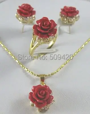 

Wholesale jewe204>> 18k Yellow Inlay Crystal Gold GP Red Coral Necklace Earring Ring