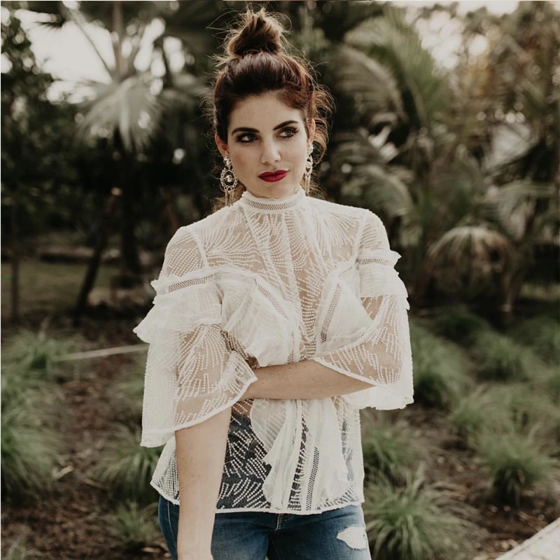 

High Street Sexy Flare Sleeve Lace Blouse Skinny Lotus-edged Elastic waist Chiffon Blouse Perspective Lace Women Tops and Blouse