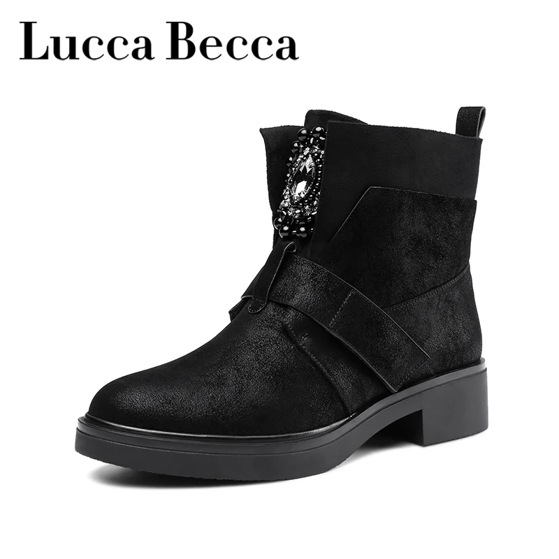 

Lucca New Winter Boots Women Black Pu Leather Crystal Flats Ankle Boots For Women Slip On Shoes Snow Boots Low Heel Women Shoes