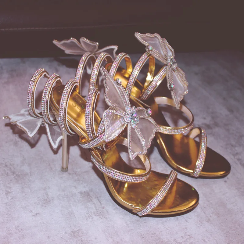 

Hot Gold Shoes Woman Summer 2019 Crystal Twining Strappy Heels Women Sandals Sexy Rhinestone Gold Sandals 9cm 7cm High Heels
