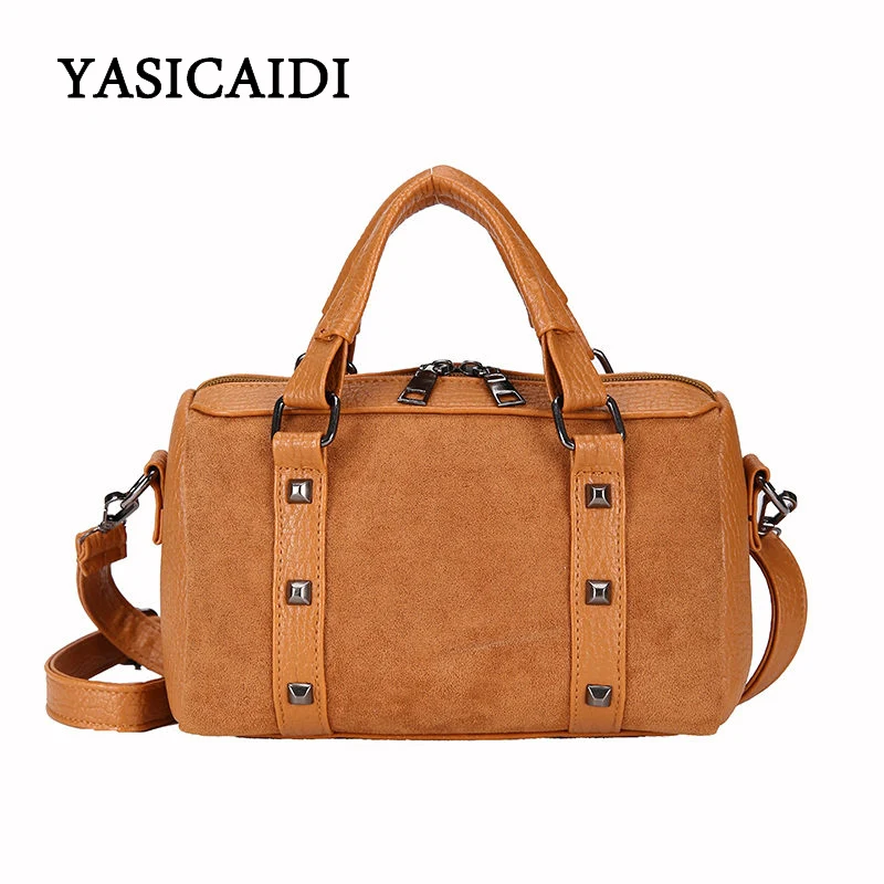

YASICAIDI Female Suede Leather Rivet Shoulder Bag for Women Leisure Small Boston Handbag Crossbody Bag Rivet Casual Tote Bags