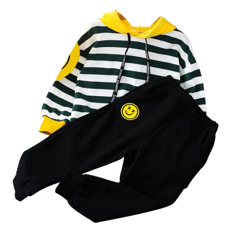 

DFXD 2018 Autumn Little Girls Clothes Set Casual Cotton Long Sleeve Striped Hooded Pullover Coat+Long Pant 2pc Girls Tracksuit