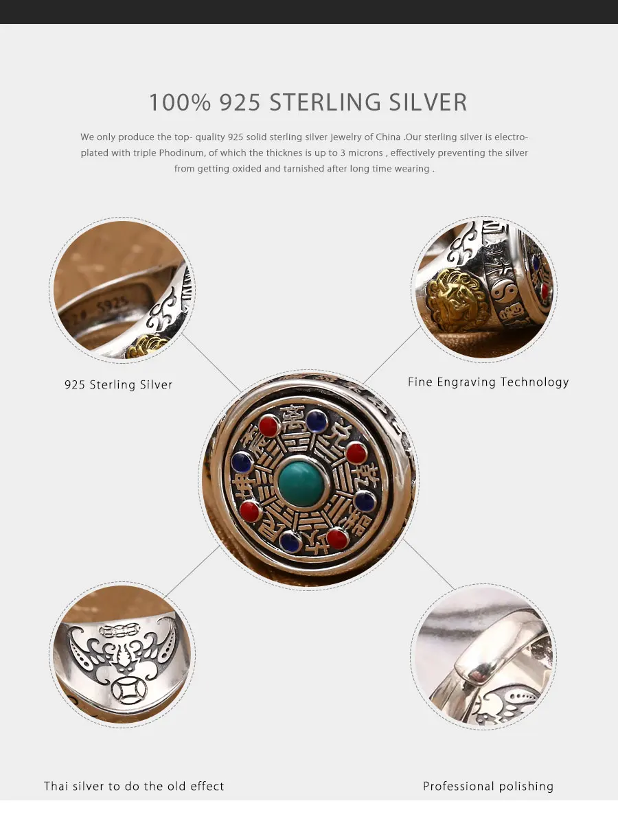Мозаичный регулируемый размер кольцо с камнем Настоящее 925 пробы серебряные ювелирные изделия для мужчин и женщин этнические счастливые сплетни вращающееся кольцо R104