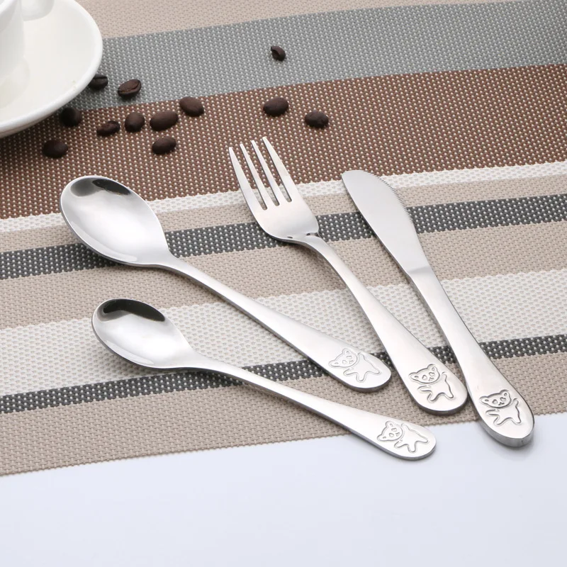 (4pcs) Children Cutlery Set Stainless Steel Kids Knife Fork Food Tableware Cartoon Bear Dinnerware Set