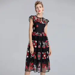 Красный RoosaRosee Лето 2019 г. Для Женщин Взлетно посадочной полосы отпуск великолепные хрустальные бусины вышивка черный газовое платье
