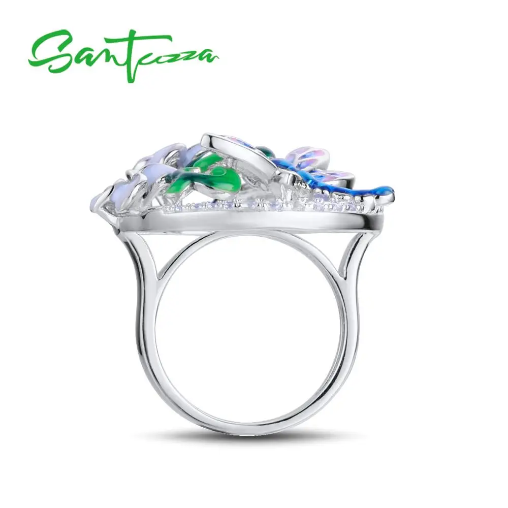 SANTUZZA серебряное кольцо для женщин из чистого 925 пробы серебра нежная Стрекоза Цветок кубический цирконий модные ювелирные изделия ручной работы эмаль