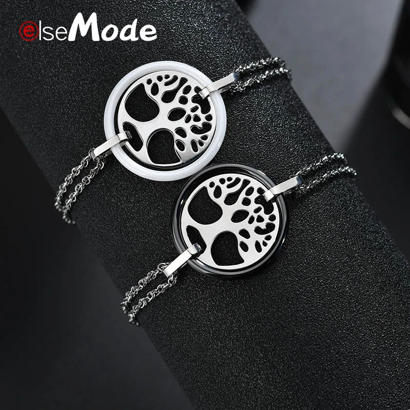

ELSEMODE 18 Kinds Anti-allergy Life of Tree Ceramic Bracelets 316 L Stainless Steel Black White Ceramic Bracelet Women Jewelry