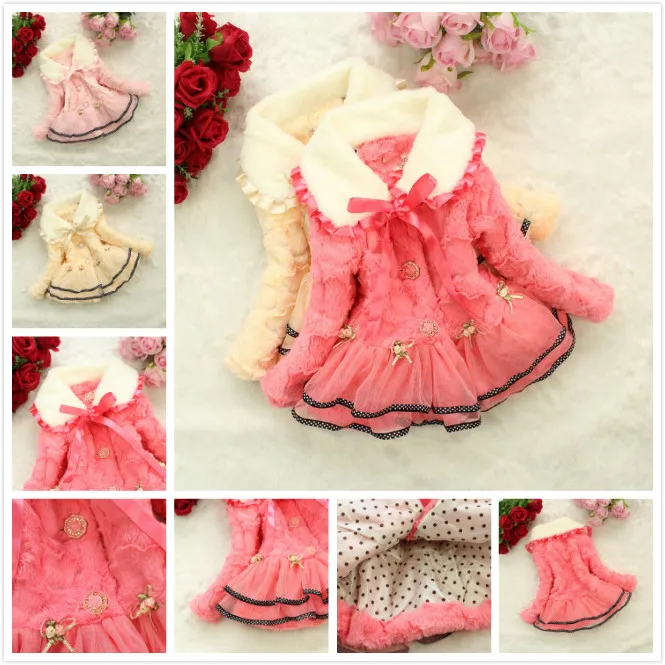 

Winter Baby Girls Flowers Dot Bow Faux Fur Coats Outwear Fashion Children Long Sleeve Pink Plush Tops Jacket Clothing For 2-6T