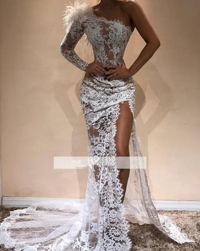 

Backless 2019 Prom Dresses Mermaid One-shoulder Lace Slit Sexy Party Maxys Long Prom Gown Evening Dresses Robe De Soiree