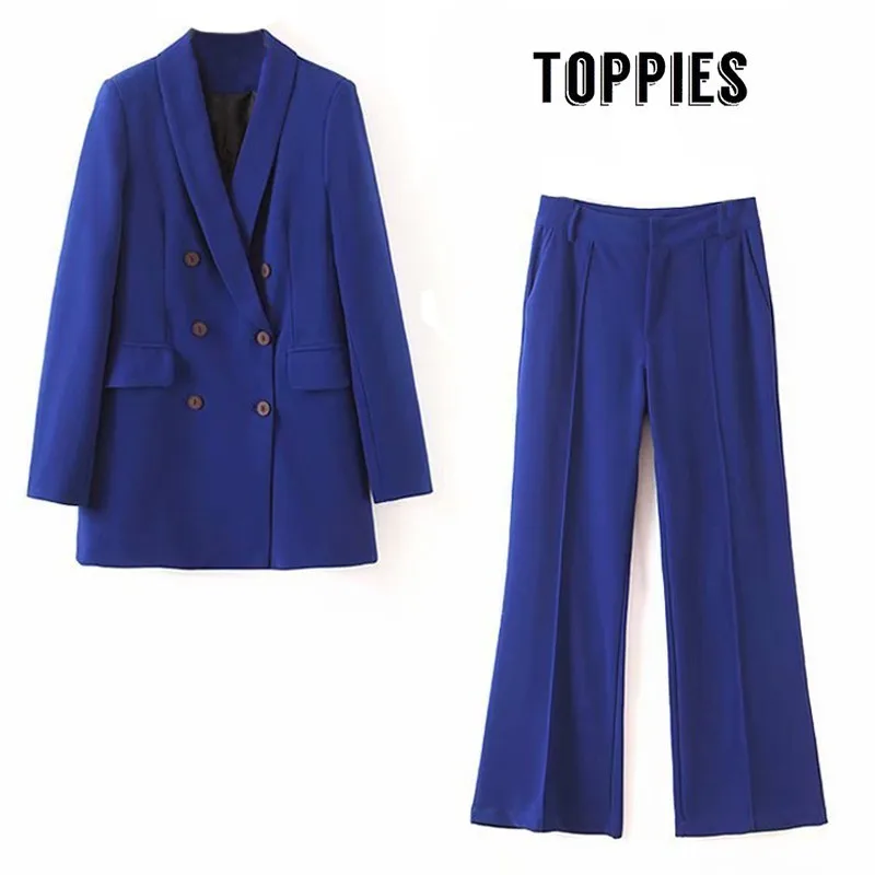 Billig 2019 zwei Stück Set Frauen Blau Anzug Set Lady Zweireiher Lange Blazer Jacke Hohe Taille Flare Hosen Hohe Qualität XL2192