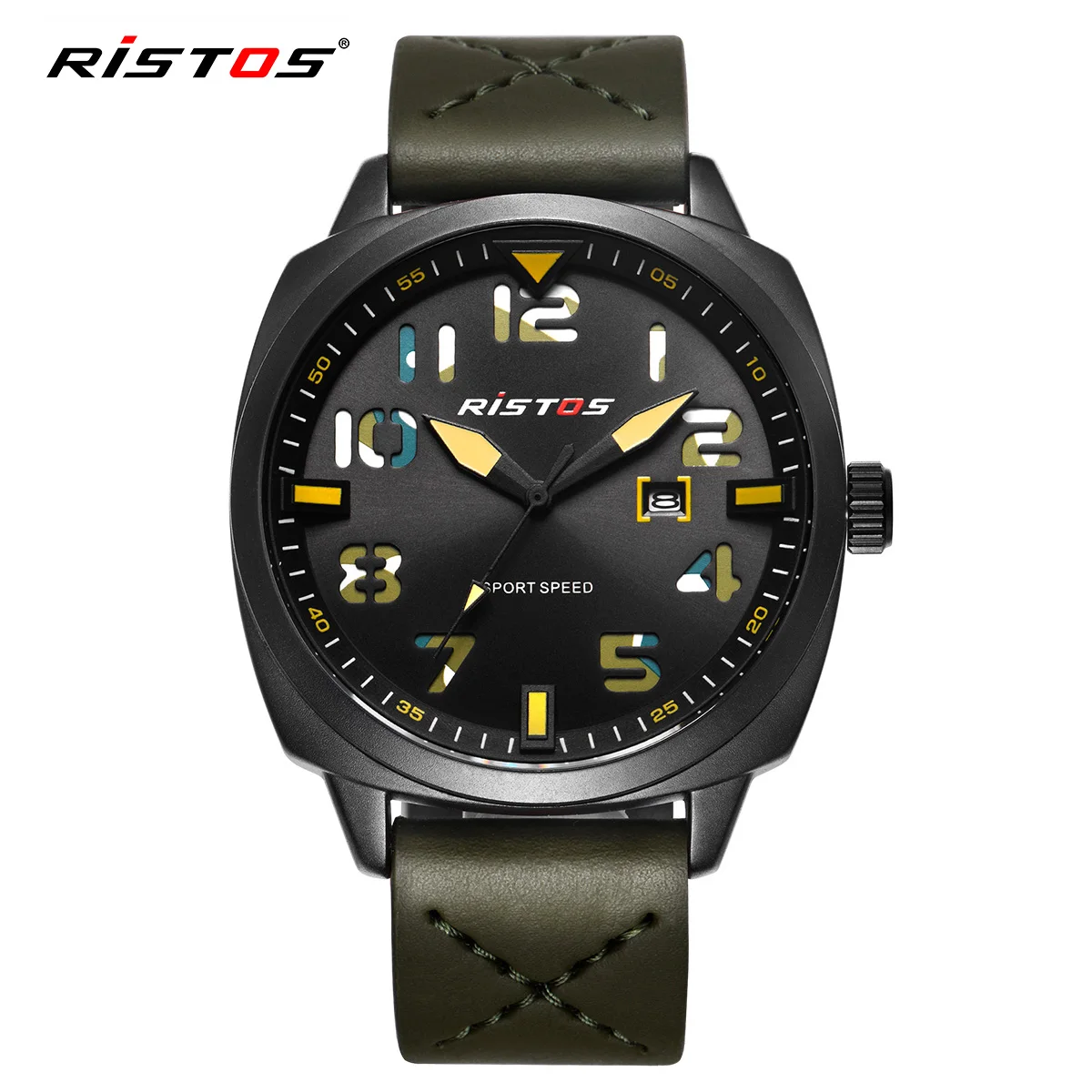 RISTOS военные мужские спортивные часы с кожаным календарем Мужские Qaurtz модные