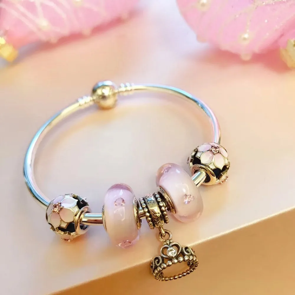 

Original 100% 925 Silver Charm High Delicate Pink Rosette Women Crown Charm Copy Jewelry For Women 1:1 With Logo Bracelet