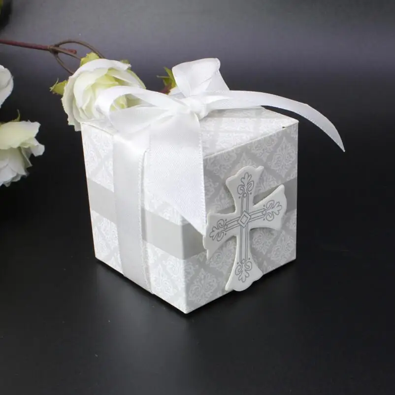 

New Design Cross Candy Box Christening Baby Shower Wedding Party Bomboniere Wrap Holders with Ribbons 100pcs/lot