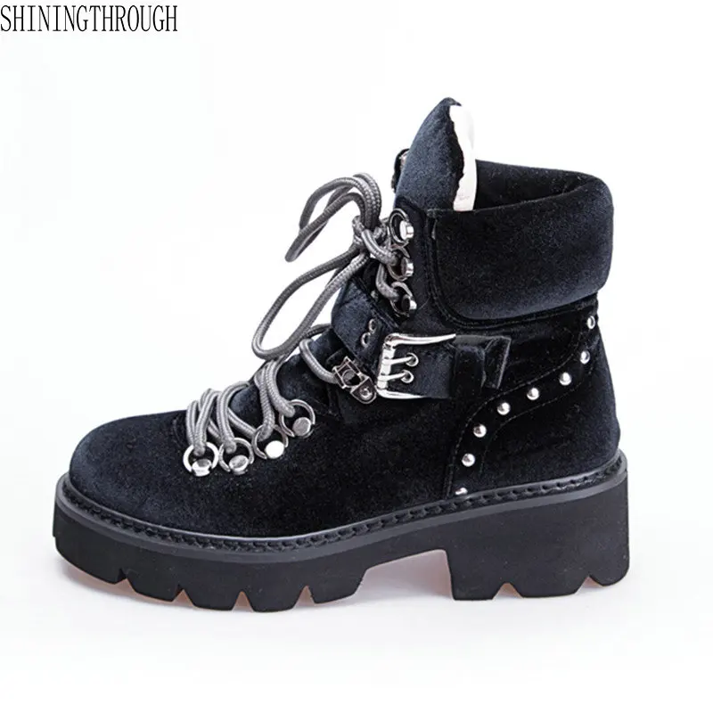 

Women Ankle Boots Round Toe Autumn Winter Warm High Heels Shoes Woman buckle Punk velvet Motorcycle Boots