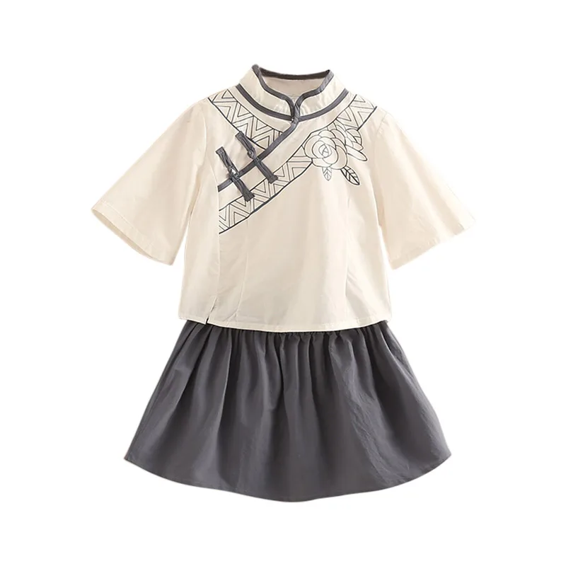 

Child Girl's Chinese Style Clothing Set Kid Baby Girl Half Sleeve Tops and Blue Mini Skirt