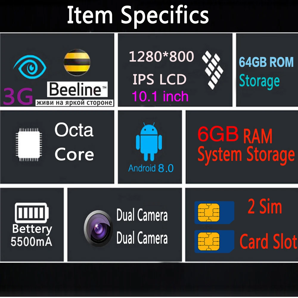 10 дюймов Телефонный звонок Android 8,0 Octa Core 6G 64G планшетный ПК Встроенный 3g 4 аппарат не привязан к оператору сотовой связи 1280x800 ips 2.5D G + сенсорный