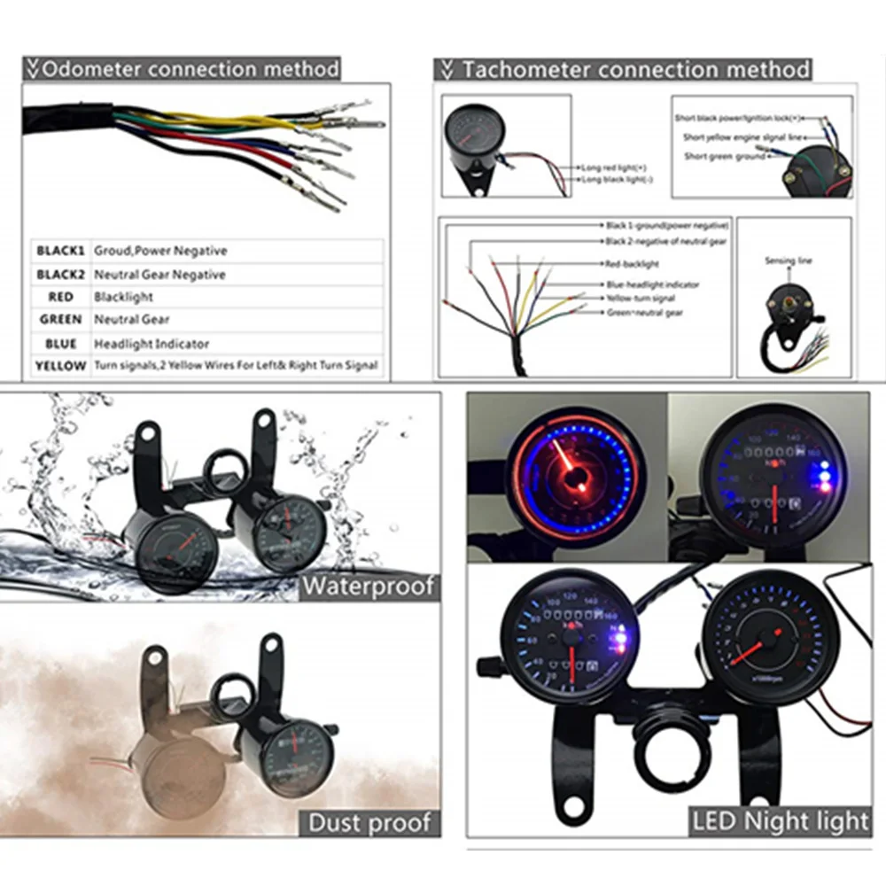Мотоцикл одометр датчик спидометра тахометра с черным кронштейном/мотоцикл спидометр Горячая