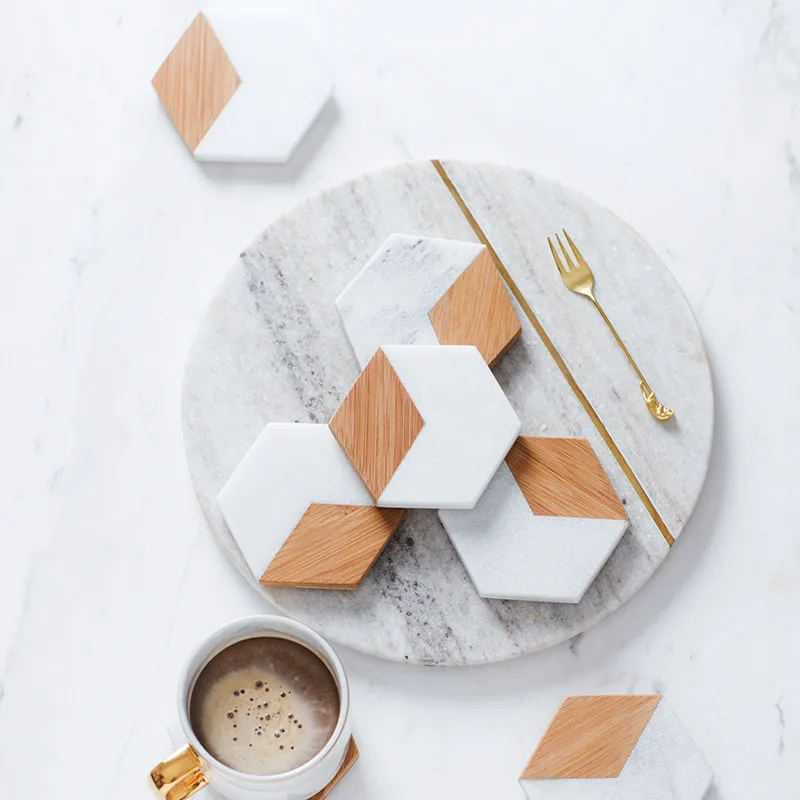 DUNXDECO подставка для кофейной чашки, набор мраморных бамбуковых геометрических шестигранных настольных ковриков для дома и офиса, аксессуары для стола, современное художественное украшение, 2 шт
