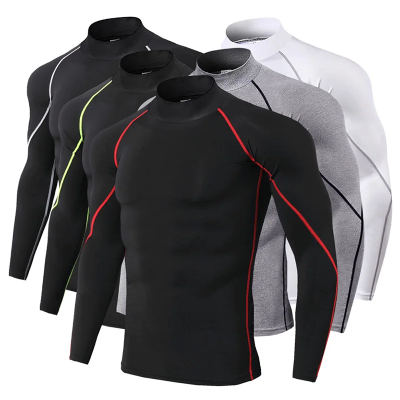 

Men T-shirt Stand Collar Long Sleeve Elastic Quick Dry Tee Tops Apparel Autumn Winter Fitness Running Sportswear