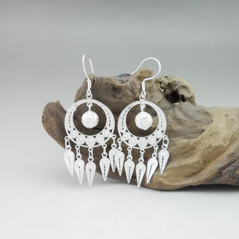 

999 Sterling Silver Earrings Female Bohemian Drop Earrings Tassels Fring Vintage Boho Jewelry Handmade Ethnic Earing Women