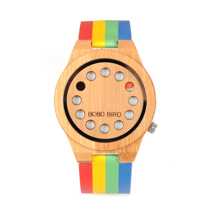 BOBO BIRD Bamboo Men Women Watch Colorful Leather Band 12 Holes Dial Face Classic Wood Watches for Men Women Accept Logo W-A01