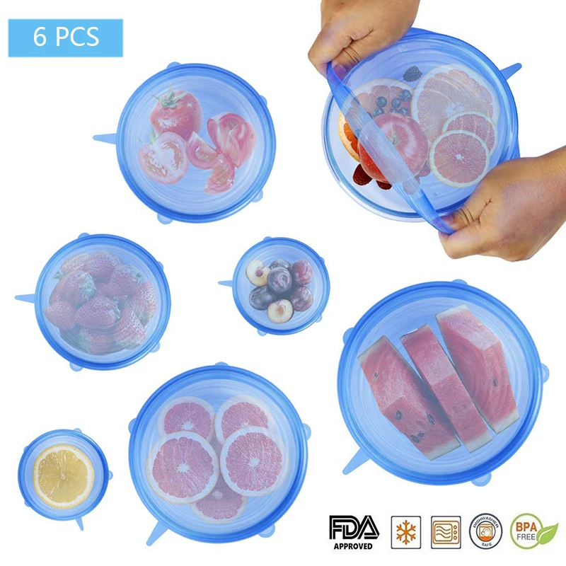 6pcs Reusable Silicone Stretch Lids Wrap Bowl Seal Cover Kitchen Keep Food Fresh