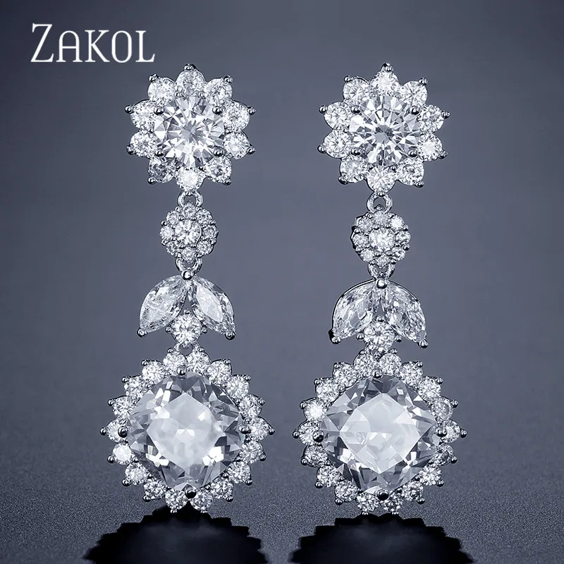 

ZAKOL Luxury Cubic Zirconia Crystal Flower Long Dangle Earrings for Elegant Women Dinner Party Anniversary Jewelry FSEP2170