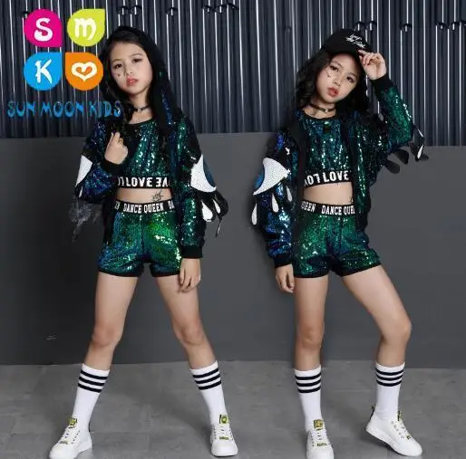 

Children Jazz Hip Hop Dance Clothes Modern Fashion Stage Ballroom Kids Sequins Dancing Costumes Girls sports Suit Outfits