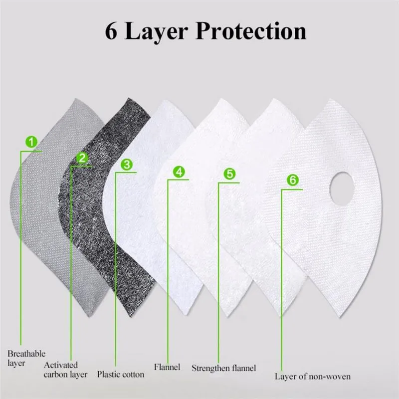 

Activated Carbon Mask Filter for Cycling Bike Bicycle Masks Valve Cap 6 Layer Air Cleaner Dust Pollution PM 2.5 Smog Mask Filter