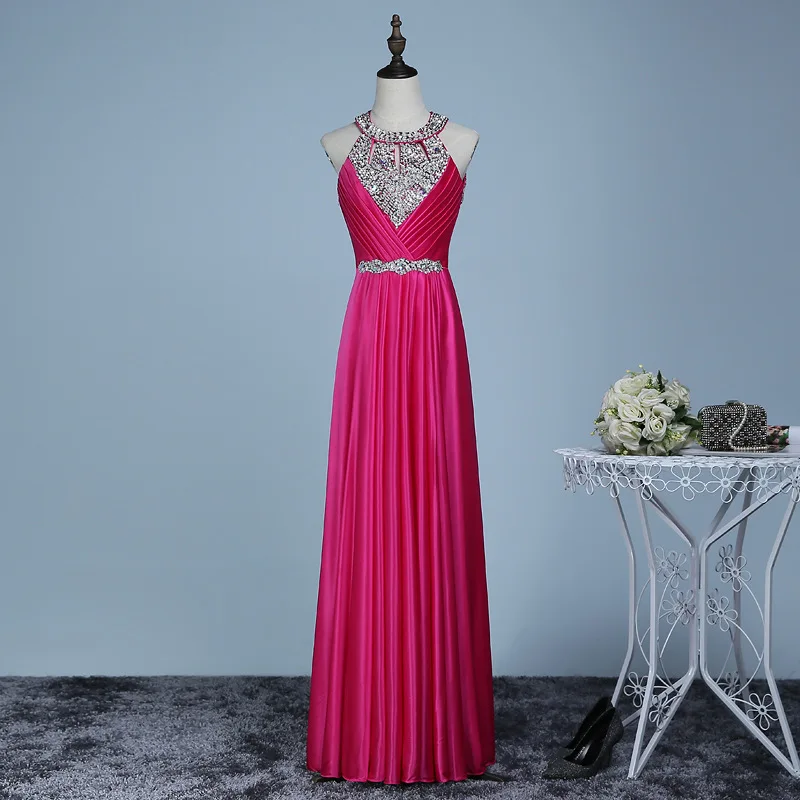 Модное ярко-розовое длинное вечернее платье женские вечерние платья Светоотражающие эластичные атласные Бисероплетение со стразами в пол торжественное платье - Цвет: Rosy
