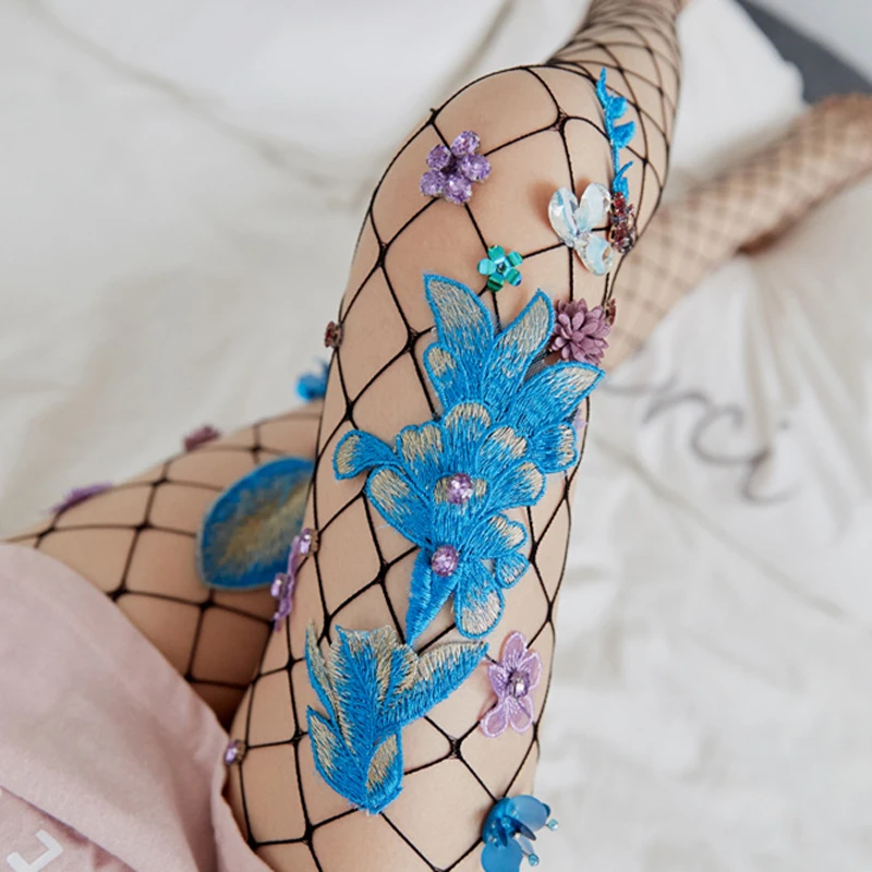 

Sexy Fishnet Pantyhose Flower Applique Rhinestone Mesh Stockings Slim Tights Lady Elastic Stockings Wild Women Pantyhose CK129