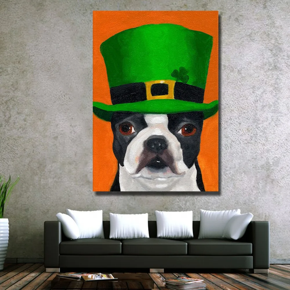 

Wearing Green Hat Dog No framed or With framed Modern Wall Painting for Living Room Decor High Quality Animal Oil Painting