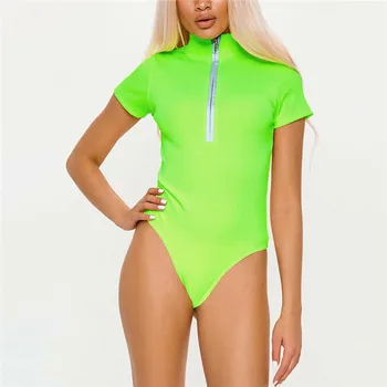 

Women's Reflective Zipper Jumpsuit New Fitness Stand Collar Short Sleeves Bodysuit Ladies' Green Color Leotard Romper Summer Hot
