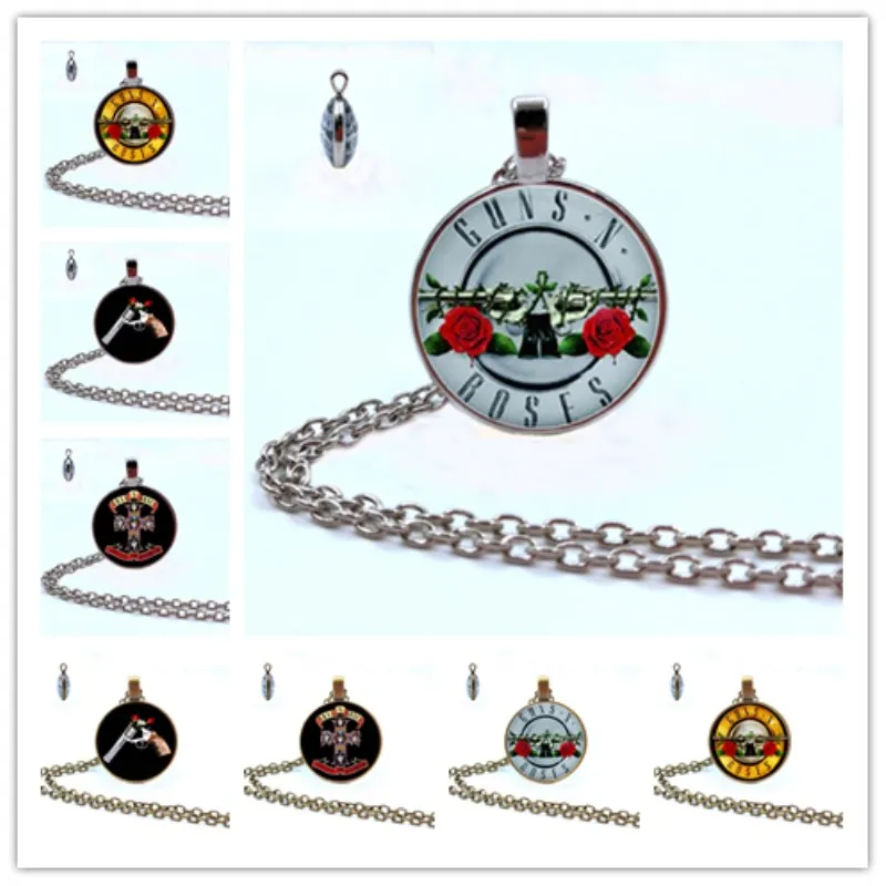 

2019 Trendy Guns n Roses Necklace Art Picture Double sided Glass Dome BPGNR Logo Necklace Steampunk Music Band Necklace