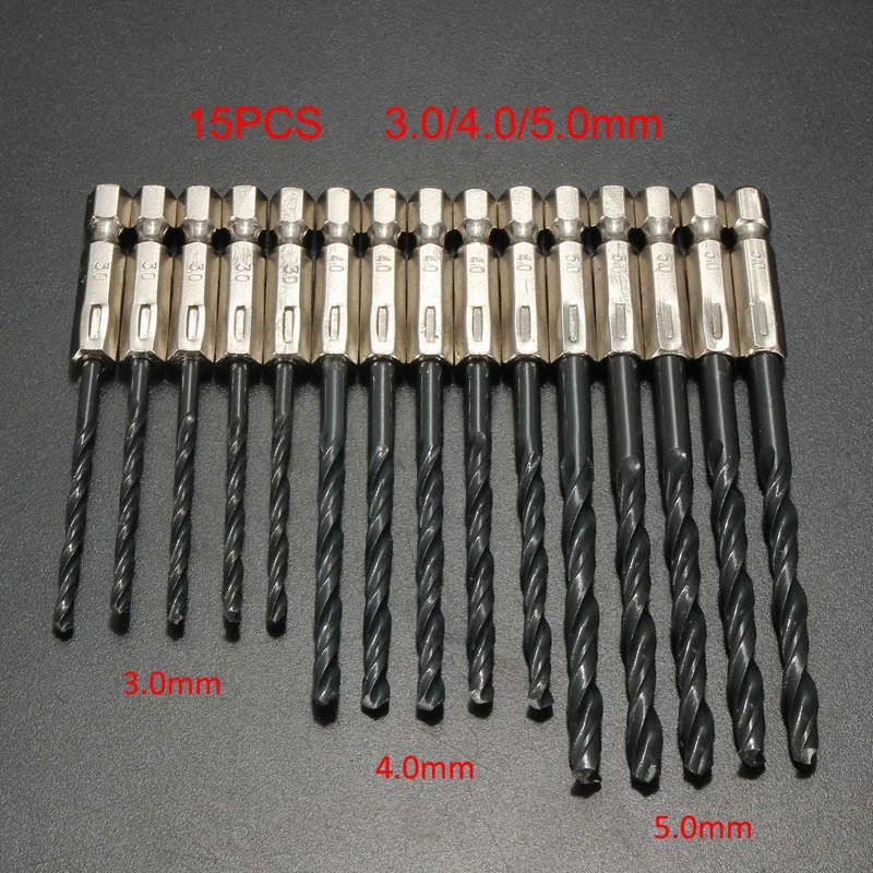 15pcs HSS Titanium Coated Drill Bits Set Quick Change 1/4" Hex Shank 3.0-5.0mm