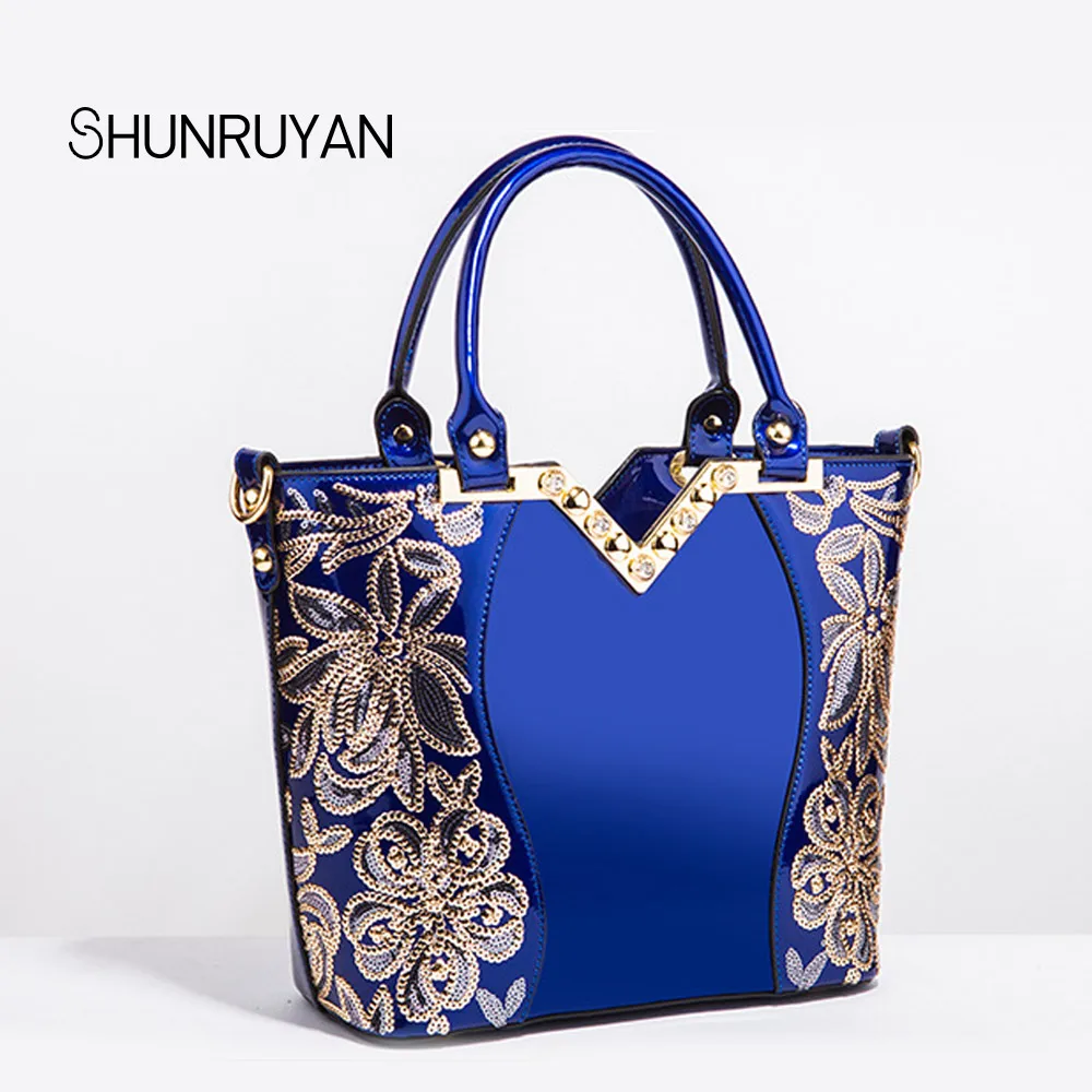 

SHUNRUYAN 2018 New leather retro crystal bling embossed Flowers messenger handbags ladies handbag Boston trend shoulder bags
