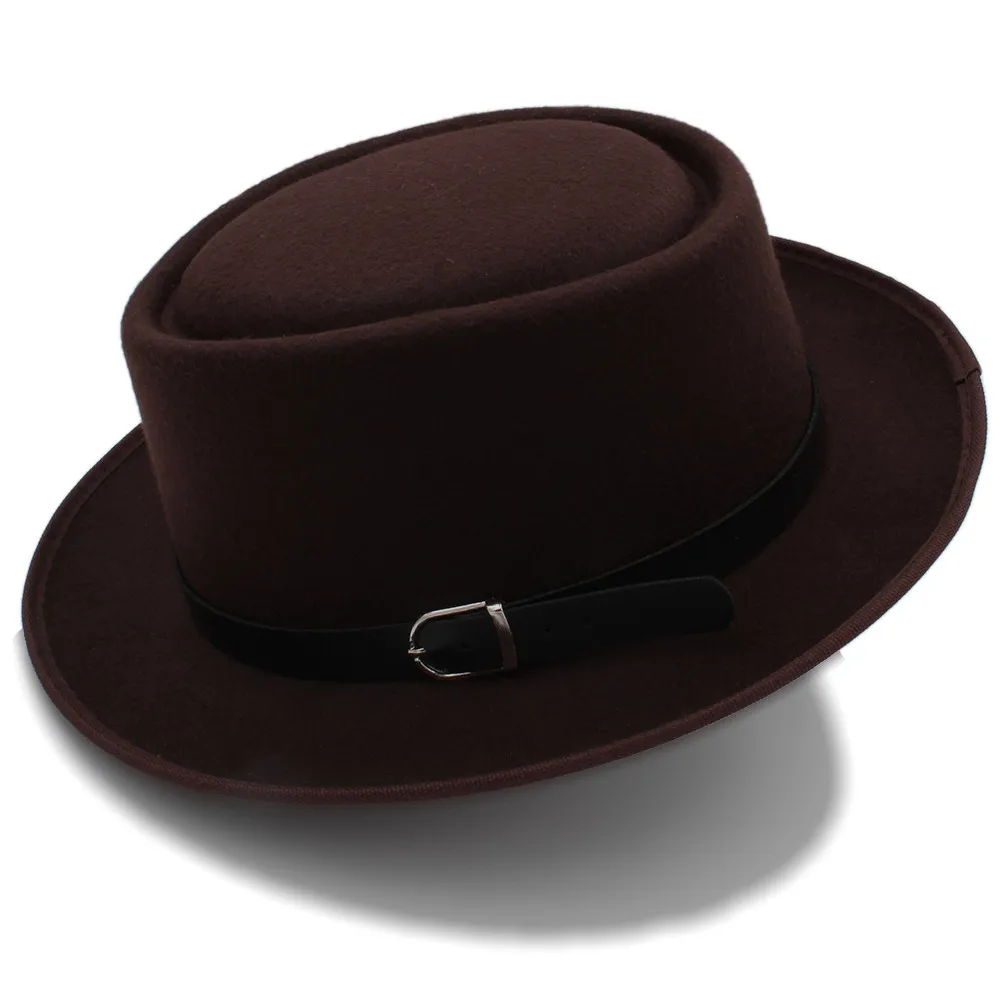 Шляпа-пирожок для женщин с модной кожей для папы шерсть плоская фетровая шляпа для леди Gambler мягкая фетровая шляпа размер 58 см - Цвет: Coffee
