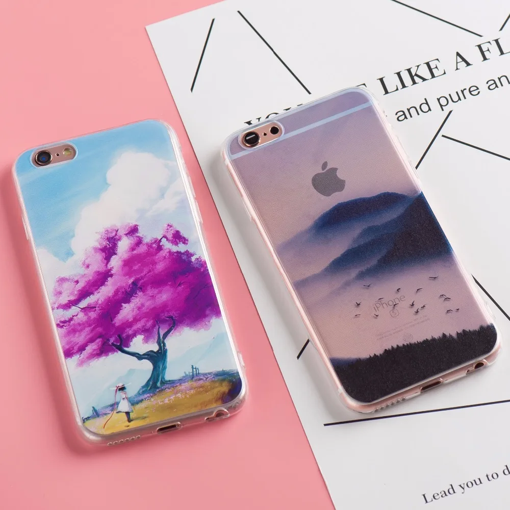 

Landscape Scenery Case For Iphone 6 6S Plus 5 5s SE Mountain Trees Sea Deer Sea Sky Nature View Soft TPU Back Case cover