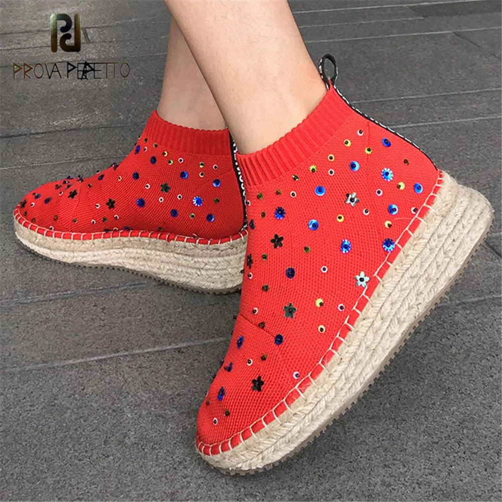 

Prova Perfetto New Fashion Sequins Sock Boots For Women Elastic Knitting Ankle Boots Woman Wedges Boots Platform Fisherman Shoes