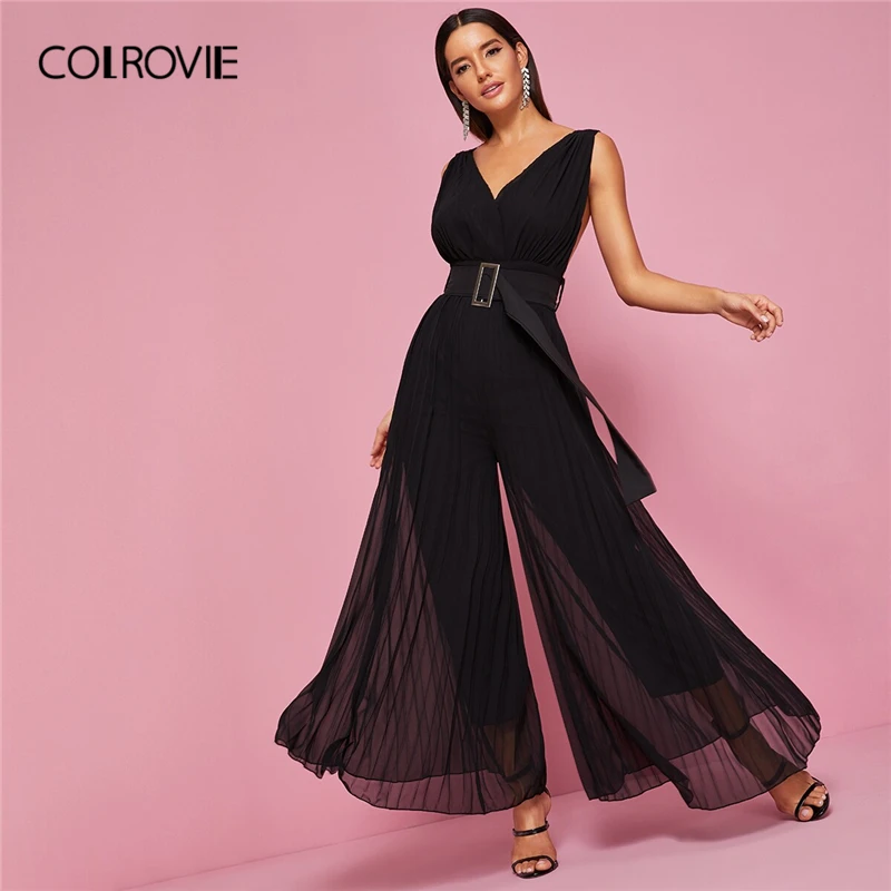 

COLROVIE Backless Pleated Wide Leg Belted Jumpsuit Women High Waist Solid Maxi Jumpsuit 2019 Summer V neck Female Sexy Jumpsuits
