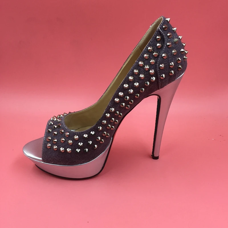 

Real Photo Rivet Denim Women Pumps Slip-on Platform 12cm High Heels Silze 4 Peep Toe Ladies Shoes Women Shoes Platform