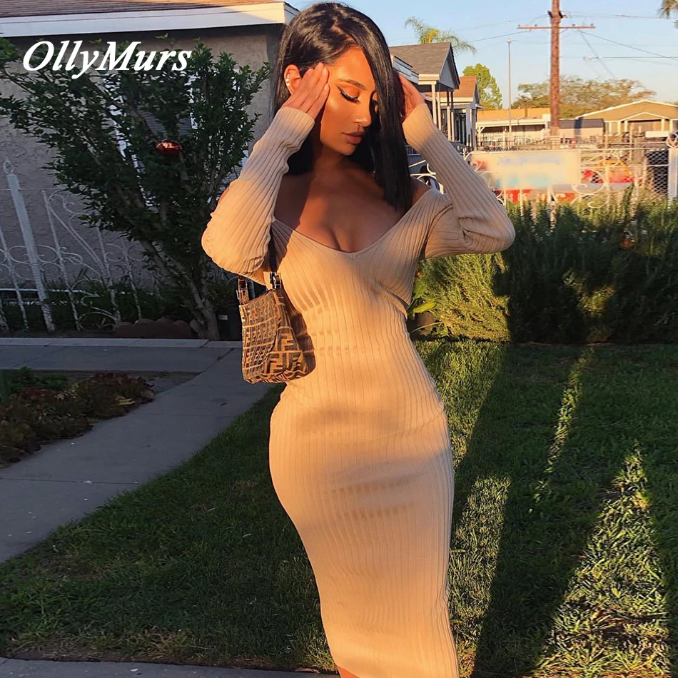 

OllyMurs 2019 New Summer Women Bodycon Bandage Dress Sexy V Neck Beige Black Dresses Elegant Club Celebrity Party Dress Vestidos