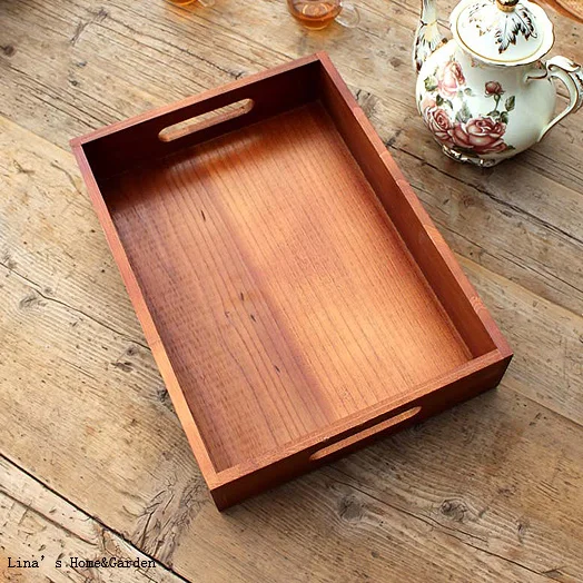 vintage solid rectangle cheap wood tray with cutout handles (2)